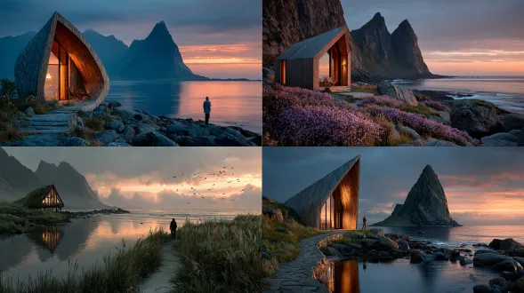 罗弗敦群岛风景的图像，远处有一座小巧精致的观鸟小屋，采用传统却独特的乡土轻型木材结构，与景观融为一体，有一人在观鸟