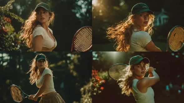 电影感的照片，描绘一位21岁的西班牙美丽女子打网球的场景。她处于运动状态，从侧面捕捉其挥网球拍的瞬间。她身着白色简约上衣、米白色带细小褶皱纹理的网球短裙，头戴绿色棒球帽。她的长发为棕色，呈松散波浪状，随挥拍动作似在飘动。背景是模糊的深色阴影与透过树木的阳光交织效果，阳光照亮主体及发丝，于深色背景中凸显其身形。