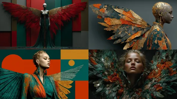 一幅逼真的z照片，采用高级简约风格。一位女性站立着，她那发光的翅膀撕裂且被烧毁。画面传达出挣扎、恐惧以及内心深处隐藏的反抗。展现出女性的力量与优雅。品牌色调：金色、珊瑚色、翠绿色、黑色。无文字、无说明、无水印。