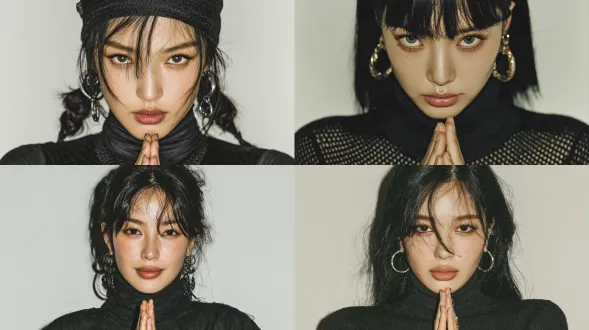 一个双手合十的女人，做着与韩国流行偶像丽莎的手势相同的手势。她穿着黑色服装，风格别致干净，深色头发做成偶像般的发型。背景颜色是白色，以突出她的表情。这张照片是由《vogue》杂志摄影师 martin parr 使用佳能 eos r5 无反光镜相机进行时尚摄影拍摄的。它具有高分辨率和自然光，展示了纹理的复杂细节