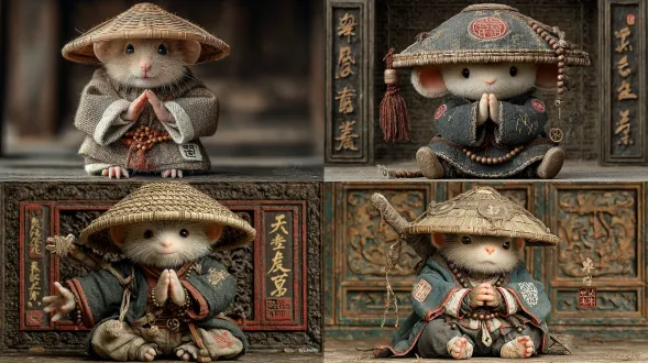 细笔，小猴子，前视，头戴竹笠，全身特写，盘腿而坐，身着僧服，戴着一串佛珠，双手合十，可爱，背景是一座寺庙，中国古风