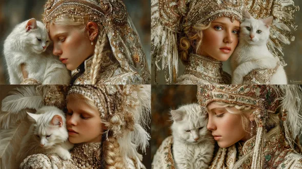 女人优雅站立，白猫依偎肩头，复古油画风，柔光，细腻笔触，暖色调，古典优雅，安静祥和，猫咪毛发光泽，女人长裙飘逸，背景模糊，浅景深，华丽装饰，宁静表情，金色光线，柔和阴影，文艺复兴风格，细腻皮肤纹理，华丽头饰，高贵气质，温馨氛围，柔和渐变，精致细节。