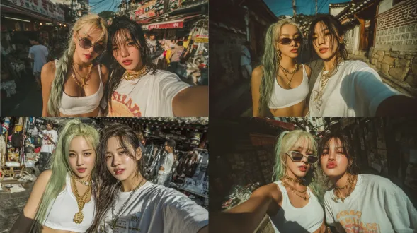 图为韩国街头的两位亚裔姐妹。一位姐姐，一头浅绿色的长发扎成马尾辫，穿着白色背心和短裤。她拿着麦克风对着镜子自拍，戴着白色墨镜，戴着金色达拉米松项链。另一位姐姐留着一头凌乱的棕色长发，穿着一件超大的白色 t 恤，拿着麦克风。温暖的自然光营造出逼真、自然、逼真的风格