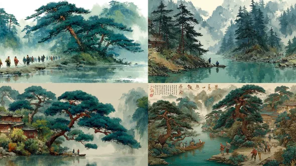 山水画，山川山坡上有松树，身着传统服饰的人们在松树旁钓鱼。配色方案为浅绿色，左上角有空白。它具有水墨风格，具有细腻的线条。上面漂浮着一些雾气，具有焦点堆叠的效果和厚重的笔触。颜色有浅灰色和深黑色，具有中国传统绘画风格