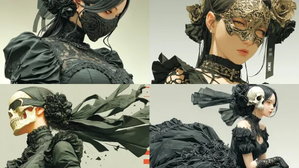 杰作，最好的质量，全身，一个戴着华丽骷髅面具的美丽哥特式女人，飘逸的黑色长发，透过面具可以看到发光的金色眼睛，穿着优雅的哥特式连衣裙，蕾丝和褶边，深色玫瑰和十字图案，戏剧性和神秘的氛围，柔和空灵的灯光，简单干净的背景，高度细致，细腻的线条，电影插图