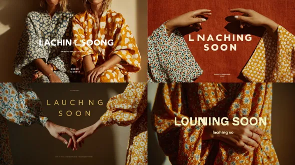 两只女人的手臂优雅地伸入框架，背景是极简的、生锈的图案红色织物纹理背景。一只手臂穿蓝白有机图案宽袖，另一只手臂穿黄白几何宽袖，都是非常宽的袖子。双手放松，优雅地摆在半空中，手指微妙地弯曲。平铺灵感的时尚品牌组合。极简主义产品发布美学，柔和的自然日光投射出平滑、漫射的阴影。优雅通风的情绪，强烈的负空间，金色居中的衬线字体，全部大写写着“launching soon”。使用佳能 eos r5 拍摄，配备 70-200mm 镜头，焦距 135mm，f/4 光圈，iso 100，使用右侧漫射日光。编辑工作室摄影，清晰度高，阴影清晰，色调柔和，现代奢华美学