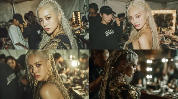 从肩膀后方拍摄的电影感视角，展现一位写实风格的银发k-pop偶像。她梳着双马尾长辫，身着带有金色肩章的黑色闪片演出服，坐在灯光明亮的后台化妆间里，身旁是带led灯的化妆镜。一名化妆师（仅部分入镜）正用软毛刷在她脸颊上涂抹腮红，暖白色灯光映照在她脸上，整体氛围专业且平静。画面为超写实摄影风格，采用佳能eos r5相机搭配85mm f/1.2镜头拍摄，辅以电影感明亮棚拍灯光，还原真实后台环境，背景中可见大型绿色抠像屏与后台设备。