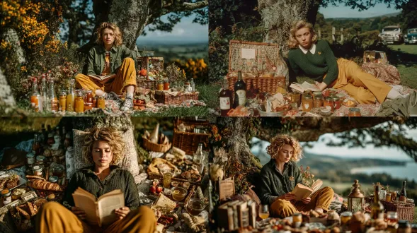 一名英国摄影师拍摄的超高分辨率照片，画面中一位学院风英国国少女斜靠在树上看书，地平线压得很低。她穿着绿色长袖马球衫与黄色休闲裤，周围散落着各类野餐用品与食物。此时为正午，光线明亮但阴影清晰分明。