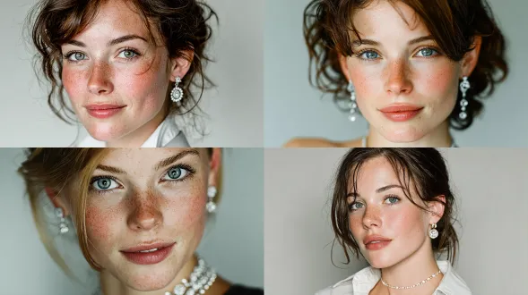 法国白人女性模特兼演员肖像照，纯白色背景，极简主义，柔和光线，中性色调，高清细节，专业摄影棚，85mm镜头，正面视角，自然妆容，优雅表情，高级时装，精致首饰，无阴影，平滑肤质，高分辨率，商业风格，冷调白色，安静氛围，自信姿态，眼神交流，完美对称，时尚感，简约构图