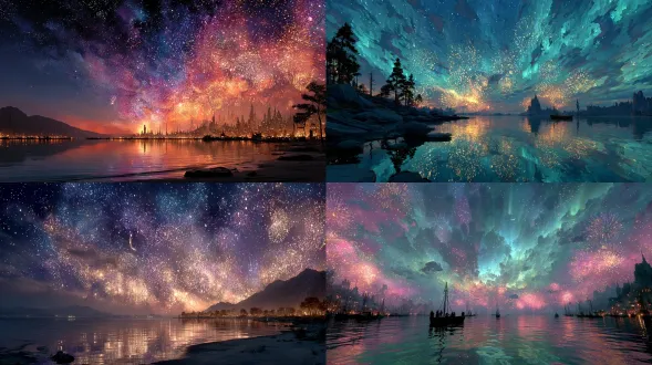 夜空，烟花，节日烟花，烟花在蓝天中燃烧，闪烁的星星，极光，银色新月，仙光，星星，闪烁的星星，广阔的湖泊，星空，michael james smith的遮罩绘画，cg渲染，体积光，空间艺术，生物光，虚幻引擎5，超广角，8k，超现实主义，高清体积光