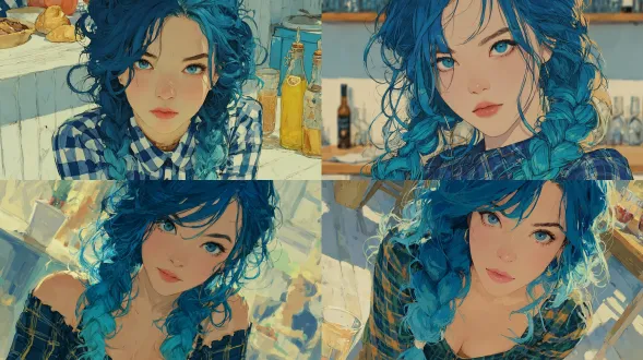 深蓝色发色，全身拍摄，审美写实风格，数字插图，柔和的光影，精致的细节，超现实的皮肤质感，优雅的配色，艺术插图，高光和阴影的精致处理，年轻女性，亚洲女性，深蓝色头发，淡蓝色头发最后染色，蓬松的长卷发，法式辫子发型，蓝色瞳孔，穿着漂亮的格子连衣裙，空灵，大腿上有痣，背景咖啡店，环境照明，疯狂的细节，高细节 深蓝色发色，全身拍摄，唯美写实风格，数码插画，柔和的光影，细腻的细节，超逼真的肤质，优雅的配色，艺术插画，高光和阴影的精致处理，年轻女性，亚洲女性，深蓝色头发，末端浅蓝色染发，蓬松的长卷发，法式辫子发型，蓝色瞳孔， 穿着漂亮的格子连衣裙，空灵，大腿上有痣，背景咖啡店，环境灯光，疯狂的细节，高细节