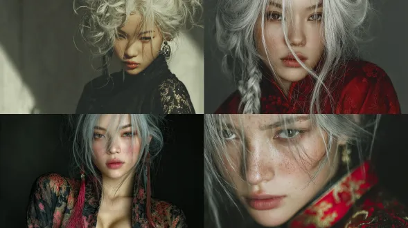 独女，银色长发，狼发，绯红眼睛，优雅，亚洲，纤细身材，中国风格外罩，上半身自画像，半写实，自然采光