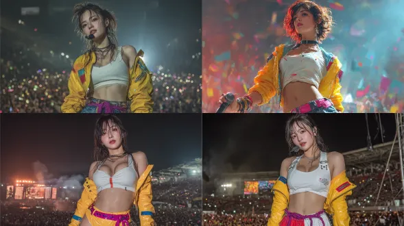 真实演唱会场景，一位高挑的年轻东亚女歌手全身肖像。她在配有炫目光效与欢呼人群的巨大舞台上表演，拥有透着淡淡红晕的细腻瓷肌、灵动的棕色杏眼、带有凌乱刘海的蓬松黑发，以及自然的玫瑰色唇妆。她身着未来感 k-pop 风格服装 —— 带黑色衣领与拉链的短款亮面黄色皮夹克，搭配电蓝与红色的胸前贴布、单肩金属铆钉装饰、白色衣袖点缀、彩色条纹袖口，内搭修身白色上衣，下身是高腰藏青色前拉链短裤，腰间系着鲜艳粉色腰带，挂有紫色流苏挂饰，脚踩利落黑色高筒靴。她自信持麦，在明亮舞台灯光下激情演唱。画面采用富有动感的电影级构图，呈现超写实质感与细腻的光线反射效果，营造出既氛围深沉又活力四射的氛围，达到 8k 真实画质水准，贴合 k-pop 演唱会摄影风格，包含鲜艳镜头光晕、聚光特效，台下观众挥舞荧光棒，实现时尚与舞台表演的融合。
