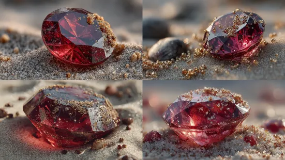 a ruby half-buried in golden sand, glowing facets catching direct sunlight, detailed macro photograph with shallow depth of field
