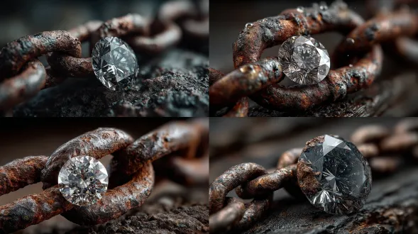 brilliant diamond resting on corroded iron chain, metallic texture contrasting with clear brilliance, cinematic macro