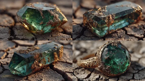 a polished emerald lying on parched cracked desert ground, glowing green facets against dry earth textures, cinematic macro