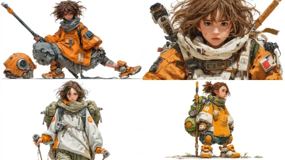 a young girl with tousled chestnut brown hair, sharp eyes, wearing futuristic desert survival clothing with subtle tech armor pieces, carrying a sleek high-tech staff with mechanical parts but no glowing effects, restrained sci-fi style, mystical and quiet atmosphere, anime-style illustration, full-body, white background, no glow, no particles, vertical composition