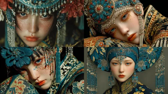 中国古典美人半身，一个美丽的中国古代女子，微低着头看着镜头，蓝紫色眼睛，非常长的浓密的睫毛，蓝紫色荧光眼影，淡橙黄色腮红，橙黄色口红，黑色长发挽起，白皙细腻的皮肤质感，头上带着华丽的钻石和蓝紫色宝石花朵，发出耀眼的光，额头带着一条造型繁复的细碎银色链子，上面镶嵌这一个巨大的蓝紫色宝石，大大的流苏耳环，身穿繁复花纹的金黑色汉服长袍，手掌向上散发出银色光芒，照亮部分脸颊及服饰，光影对比明显，使五官更加立体，幻想艺术，3d渲染，史诗电影，超高质量，高分辨率，高细节，杰作