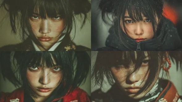 一位少女动漫cosplay形象。她冷白的皮肤，冷峻、冷酷又带忧郁的表情，一头黑色的超长头发扎成高马尾，超长鬓发间是凌乱而极细致的发丝。画面聚焦于头部局部特写，她丹凤眼垂眸，长睫毛凌厉，姿态慵懒，微微看向镜头。身着高中校服外套，冷色调的画面运用柔光效果，呈现出流体质感，营造出低饱和度、梦幻又朦胧的氛围，且充满凌厉感。真人形象，专业摄影，动态美学，杰作，细节丰富，超高清，超细节，高清渲染，细腻画质，高质量，最高画质，大师作品，高级感。超现实主义，高级光渲染，细腻渲染，电影氛围感，情绪氛围感。呈现栩栩如生的质感，光线处理极为写实，搭配极具张力的动态姿势，画面细节锐利清晰、毫无模糊。