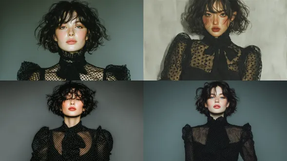 她拥有细腻的瓷肌、淡淡的腮红与自然饱满的双唇，身着带有泡泡袖和颈部系带蝴蝶结的黑色波点薄纱衬衫，搭配高腰黑色粗花呢长裤。她那带有凌乱刘海的黑色蓬松卷发，温柔地勾勒出脸部轮廓。她在简约的摄影棚场景中自信站立，双手自然垂于身侧；画面采用氛围感光影与柔和阴影，营造出电影感高级时尚氛围，同时呈现出清晰的面料纹理、逼真的人体比例与优雅姿态，是超写实8k画质摄影作品，风格契合《vogue》杂志拍摄，背景为简约灰色。