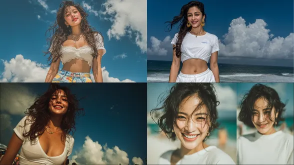 她身着短裤与白色t恤，广告拍摄风格，全身到腿部特写，海滩背景，蓝天白云，自然光，广角镜头，高饱和度色彩，动态姿势，自信微笑，阳光洒落，微风拂发，清新活力，商业摄影质感。