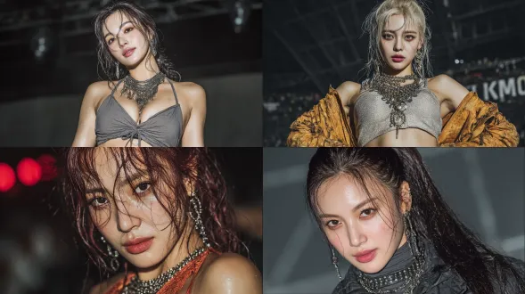 韩国流行乐女艺人，时尚舞台造型，精致妆容，鲜艳唇色，明亮眼神，动态姿态，华丽服装，金属装饰，高光细节，暗色背景，聚光灯，柔光效果，长焦镜头，浅景深，高饱和度，现代感，自信表情，潮流风格，动感舞姿，专业写真，完美打光，细腻皮肤，强烈对比，舞台氛围。