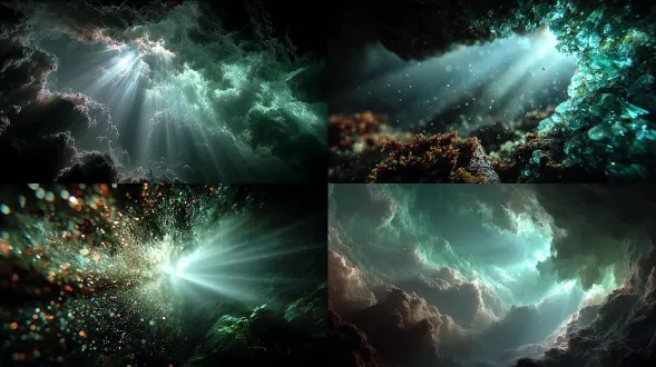 emerald glowing faintly through fog, surrounded by darkness with ethereal rays breaking through, cinematic macro
