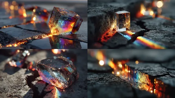 diamond refracting rainbow prisms across cracked stone surface, beams scattering into vibrant light trails, cinematic macro