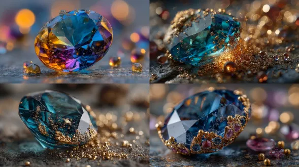 close-up of a sapphire gemstone glowing in soft golden side light, surrounded by blurred bokeh orbs, cinematic macro photography