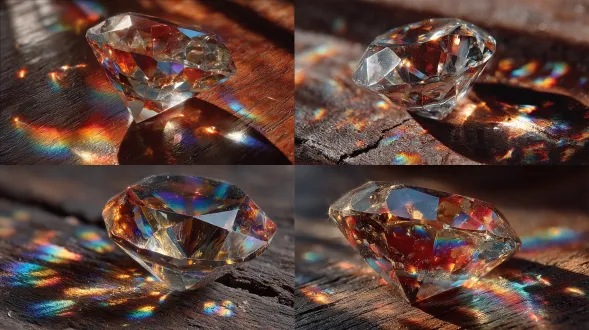 a brilliant diamond catching a beam of light through smoky air, rainbow refractions scattering across dark wood, macro still life