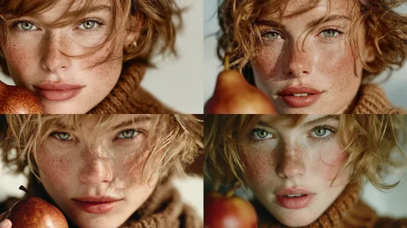 一张近距离拍摄的白人女性照片，她有着金色短发，皮肤干净，妆容精致，颧骨略带红晕，皮肤质感丰富，毛孔清晰可见，呈现出超写实的状态，还带有一些小瑕疵。她手中拿着一个棕色的梨，正要咬一口，这个梨同样有着粗糙的质感和清晰的毛孔，颜色深沉且逼真。她穿着一件诺悠翩雅（loro piana）品牌的棕色羊毛运动衫。照片拍摄于专业摄影工作室，背景是干净的白色。光线柔和且具有包裹感，模拟了阴天的效果，色彩富有电影感且真实。这张照片由专业数码相机拍摄，带有轻微的颗粒感，模拟出老照片的质感，画面如梦似幻却又极为写实。她的头发飘动着，仿佛有风扇正对着她吹。使用的镜头是85毫米1.8光圈，照片的对焦部分非常锐利，而其他部分则略带模糊，模特细节达到8k级别。