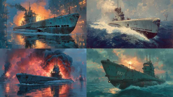 二战时期的“加托”级潜艇正在紧急下潜，一半艇身露出水面，同时一艘日本驱逐舰被击中并炸毁。潜艇快速下潜。彩色，逼真写实，展现潜艇急剧下潜的状态。