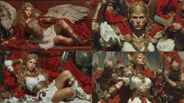 写实绘画，戏剧性的奇幻战争场景，宽幅全景海报，战场被深色阴影和红色色调笼罩。一位有着金色长发、蓝色眼眸和红色嘴唇的女子身材高挑，神情坚毅果敢。她头戴 翼形头饰，通常为金色，这翼形头饰增添了几分灵动与神圣感。她身着带有金属花纹装饰的白色短款晚礼服，金属花纹多为金色，呈几何形状或图案样式，分布在礼服的胸部和腰部，凸显出腰线。她披着一条垂至膝盖附近的红色披风，披风在风中飘动，增添了一丝英气与潇洒。她戴着从肘部延伸至手腕的金色长护腕，护腕上有简洁的线条装饰，显得简约而有力量。腰间系着一条金色腰带，腰带中间有圆形或方形的装饰物。她脚蹬金色长靴，手中握着一把镶嵌着水晶的剑，剑的剑柄和剑身都有精美的花纹，水晶位于剑柄中部，散发着神秘的光芒。纯净的辐射光束作为中心光源照亮周围一切，光线穿透烟雾、火焰和士兵，身着黑红铠甲的军队与橙色战士激烈交锋，四周一片混乱与毁灭。画面采用电影式构图、三分法原则，来自剑身的强烈定向光源，展现出人物的全身形象以及战场上的激烈战斗。