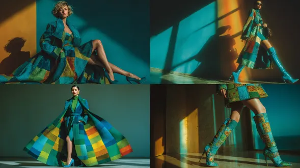 《vogue》的这组编辑写真中，一位美丽的波兰女性身着超大型的蓝绿拼色外套，搭配夸张的高跟鞋。照片采用简约镜头拍摄，呈现出肩后视角。这一视角扭曲了她的身材比例，让她的双腿和高跟鞋显得更加修长，极具戏剧效果。光线明亮强烈，投射出富有动感的阴影，突显了由俯视角变形所塑造出的曲线美。她的姿态凌厉而坚定，散发着力量与自信，而这种变形效果增添了一种前卫、近乎卡通化的特质，将高端时尚的造型转化为极具实验性且引人注目的画面构图。