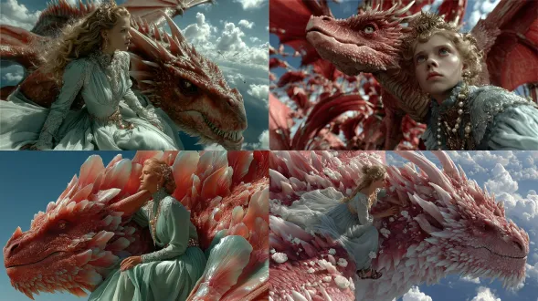 一张广角镜头下的画面：一位威严逼真的公主战士骑在一条天空中的龙身上，龙有着彩虹般的红宝石鳞片。它形似翅膀的鳍在阳光下闪闪发光。这位女子身着飘逸的半透明青绿色长裙，头发中编织着珍珠和贝壳，头上戴着金色王冠，整体呈现出电影般的奇幻光影，氛围空灵而迷人，细节超写实，充满奇幻写实风格。