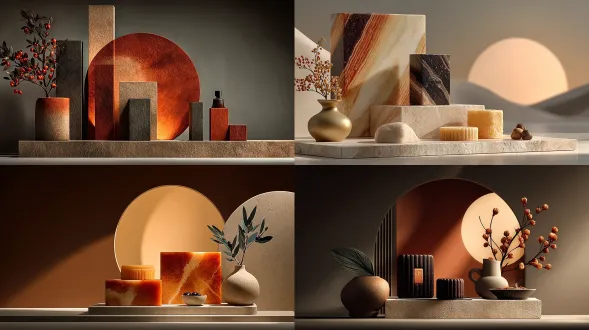 广告级质感，45度斜视角，戏剧化光线，简约优雅风格，大量留白，橙金渐变，米色石板前景，白色高脚盘，瓷光月饼，两个精致的长方形礼盒，桂花枝装饰，巨大的圆形月亮背景，hdr超清，32k细节。