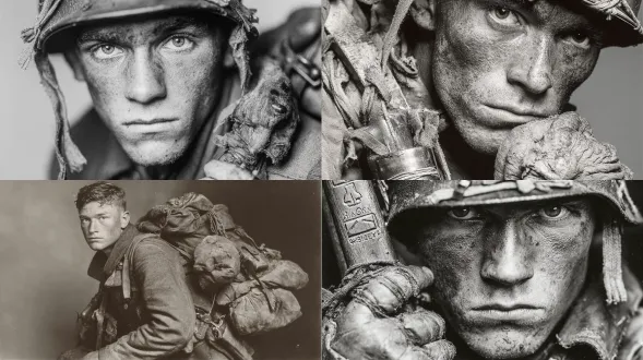 全身照，白色背景，20岁的德国二战士兵，脸庞像老树树皮一样，布满沟壑与灰尘，浓重的眼袋下是朦胧又锐利的双眼。手上青筋暴起，紧紧握着枪柄。军装沾满灰尘、有烧伤痕迹，胸前还有灼伤；旧头盔上满是划痕，挂着褪色的布条；肩带匕首磨损严重。