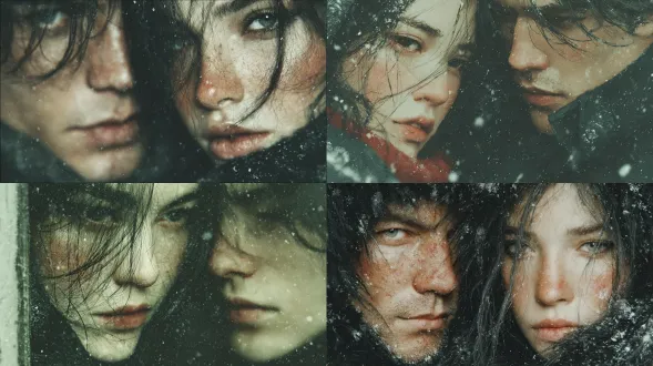 现代 一男一女 黑发 冷光皮 容颜绝美 面部线条流畅 棱角分明 皮肤白皙光滑 发丝根根分明有蓬松光泽感 五官精致 穿着冬天的衣服 颜色搭配绝佳 背景 雪天 城市一角 男子扛起女子 梦幻光影 朦朧 发丝与衣服随风飘动 3d仿真人 油画 精美cg 32k超高清画质 3d渲染 最佳光线 构图比例绝佳 层次分明 微距镜头 微尘闪着萤光 粒子光效 油画