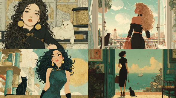a girl wearing gold earrings, from hong kong, dressed in a black chinese cheongsam with wavy curly hair, wearing high heels, and holding a cat teaser stick. she stood on the balcony next to the cat climbing frame, facing the morning sun outside, with a chinese light color illustration style