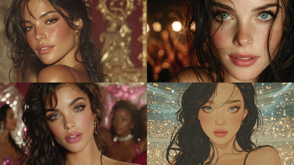 一位俊美的女子正在歌唱，她的身体与目光正对着镜头，画面为中景镜头。整体风格超写实，男子拥有对称的脸庞、无瑕光滑的肌肤、轮廓分明的下颌线与高颧骨，搭配柔软的粉唇和富有神采的杏仁眼。他化着自然妆容，仅用精致眼线点缀，长发飘逸。背景是细节丰富的演唱会舞台，画面呈现照片级真实质感，分辨率达 4k。