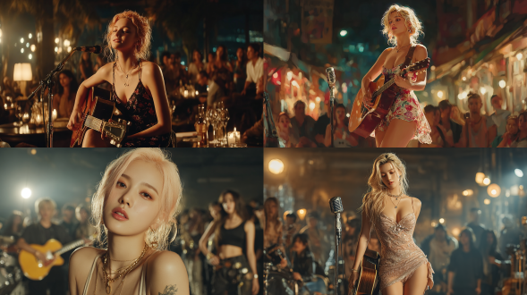 这是一幅极具魅力的全身肖像，主角是一位 20 多岁的韩国美女。她肌肤无瑕、五官精致，酷似某知名 k-pop 艺人。她身着印有名人金发肖像图案的超短款名牌连衣裙，姿态优雅地坐着，一手轻抱原声吉他，一手在复古立式麦克风前投入演唱。柔和的舞台灯光环绕着她，更凸显出她动人的神情。场景设定在氛围慵懒的高档休闲酒吧，背景中观众的模糊身影若隐若现，还原了深夜小型现场演出的私密感。该画面使用佳能 eos r5 相机搭配 85mm f/1.2 镜头拍摄，采用高光泽电影级调色，以温暖的琥珀色与金色为主色调。