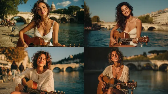 一位容貌惊艳的年轻波斯美女，优雅地坐在质朴的木椅上，纤细的双腿交叉，正轻柔地弹奏吉他。她穿着一身纯白露脐上衣与超短裙套装，小腹和腿部线条展露无遗。丝滑白皙的肌肤散发着自然柔和的光泽，温暖的阳光落在身上，仿佛有一束柔和的聚光灯从正面打在她身上，让肌肤透着淡淡的亮泽。她用优雅的指尖自然娴熟地弹奏着原声吉他，弹奏时只有双手在动，身体其他部位完全静止，没有任何动作。她望向镜头，神情优雅美丽，脸上带着温暖柔和的笑容。背景中，一座河畔小桥优雅地横跨平静的水面，明亮的天空下，有骑行者和行人从桥上经过，此时正值下午 2 点，光线充足。画面为远景镜头，焦点完全集中在女子身上，整体超写实且构图富有电影感。明亮温暖的自然光投射出柔和的阴影，营造出宁静私密的氛围，同时保留了自然的皮肤纹理细节。微风轻轻吹动她的发丝，增添了一丝细微的动态感。相机取景角度从她膝盖下方开始，完整捕捉她的全身，构图平衡且优雅。相机全程固定，无任何移动、缩放或摇镜，始终保持绝对稳定。她的姿势、光线和构图全程不变，除了双手轻柔弹奏吉他外，全身完全静止，没有其他任何动作。画面从始至终保持一致的细节呈现和电影质感，分辨率高、稳定性极佳，整体场景光线明亮、清晰度高，每一处细节都兼具生动的精准度与柔和的光泽感。