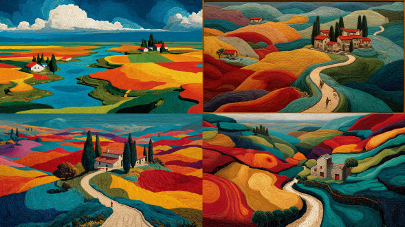 这幅中国乡村风景画海报以红、橙、黄、绿、蓝、靛、紫等颜色构成抽象的色彩漩涡，在广袤的田野间勾勒出蜿蜒的小径，远处背景中点缀着农舍。其风格让人联想到大卫·霍克尼的作品，将现实主义与鲜艳的色彩相融合。这幅艺术品展现了乡村生活的美好，象征着成长、创造力与自由。