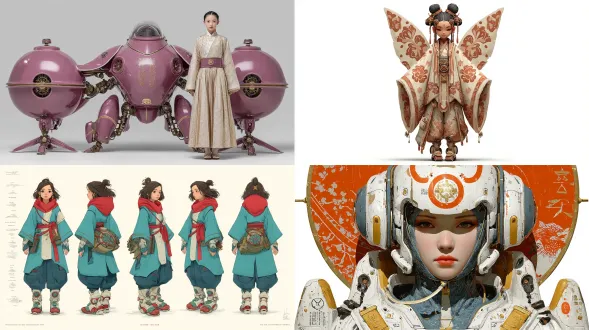 中国女孩，有着可爱精致的脸庞和淡雅的妆容；飞行员级别的汉服铠甲与小巧的机械背包紧密结合：两个形似凤凰羽毛的气动稳定鳍，可伸缩的推进喷嘴伪装成丝带结；胸前和腰带上佩戴着刻有时轮符号的能量导管，腿部在飘逸的饰板下穿着分段式铠甲护胫；衣领处的全息面纱投射出淡淡的金色界面符号；纯白色背景下的工作室灯光，优先突出面部清晰度，材质逼真，地面阴影极少，非动漫/玩偶风格，无文字/标志。