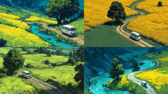一张白色面包车沿着s形乡村公路行驶的航拍图，公路穿过广阔的黄色油菜花田，一棵高大的绿树在小路上投下柔和的阴影，阳光温暖，微风轻拂，空气中闪烁着花粉或金色的尘埃，营造出富有诗意和怀旧的氛围，构图简洁，色彩鲜艳明亮，采用绘画般的插画风格，海报比例，灵感源自marsidea艺术风格，电影式照明，细节丰富，数字绘画作品。