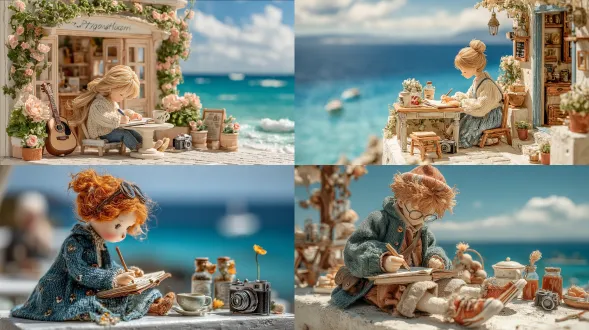 位洋娃娃般的女子坐在小咖啡馆的露台上，正用钢笔在日记本上书写，她的咖啡杯旁放着一朵花和一台相机。背景是蓝天碧海，氛围浪漫而宁静。