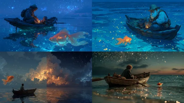 一位老渔夫坐在星光璀璨的天空下的一只小木船里，海水平静且泛着微光，船边有一条神奇的金鱼在游动，发出柔和的光芒，营造出梦幻般的童话氛围，画面超写实。
