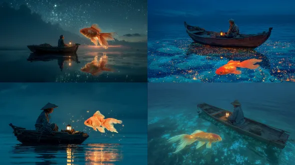 一位老渔夫坐在星光璀璨的天空下的一只小木船里，海水平静且泛着微光，船边有一条神奇的金鱼在游动，发出柔和的光芒，营造出梦幻般的童话氛围，画面超写实。