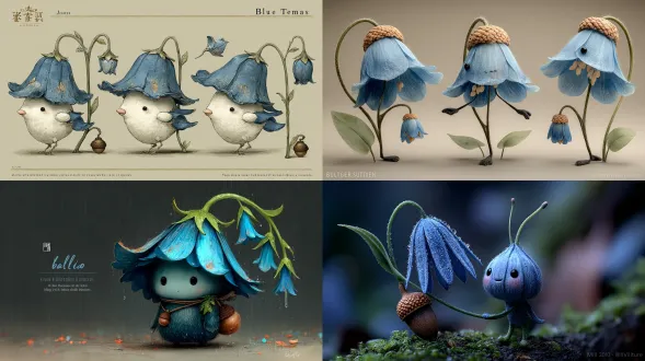 一个幻想世界中的可爱小角色，带有蓝铃花的特征。这个角色的头部精致，形状像一朵垂下的蓝铃花，柔软的花瓣形成了一个俏皮的帽子，随着它的移动而摇摆。它那细长的绿色身体就像一根轻轻弯曲的花茎，它携带着一个由掏空的橡果制成的小铃铛，每走一步都会发出欢快的叮当声。它带着羞涩的微笑和害羞的头部倾斜，看起来准备在森林中传播欢乐。它看起来像是来自"指环王"电影中的角色。我简直不敢相信它看起来有多美。看起来它随时都会开始移动