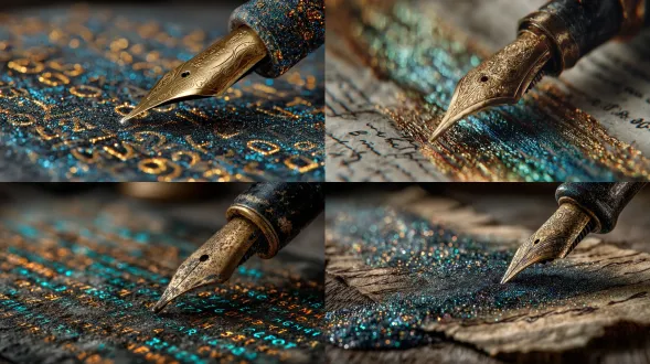 用钢笔在旧羊皮纸上书写，形成在表面上方闪烁的发光数字全息线条，极简构图，柔和光线，复古质感与未来感光泽相融合，背景柔和模糊，具有20世纪初的美学风格。